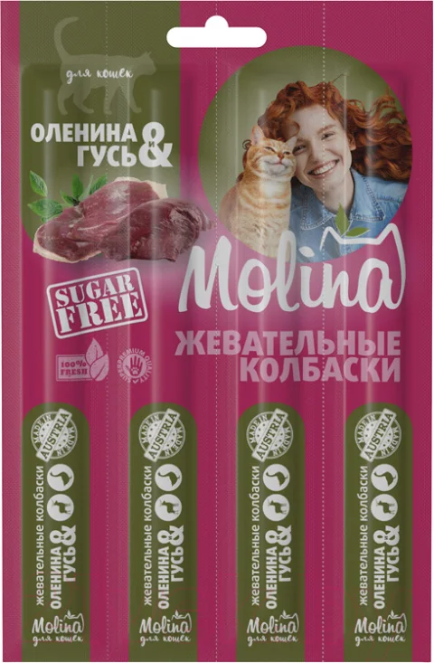 Лакомство для кошек Molina Жевательные колбаски из оленины и гуся / 2204 (20г)