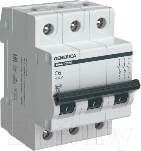 Выключатель автоматический Generica ВА 47-29М 3Р C 6А 4.5кА / MVA21-3-006-C-G