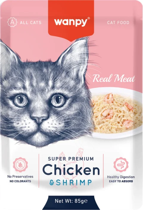 Влажный корм для кошек Wanpy Cat Кусочки курицы и креветки (85г)