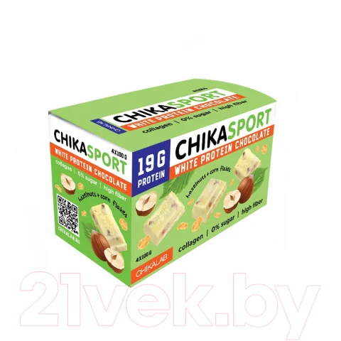Протеиновый шоколад Chikalab Шоколад белый с фундуком и кукурузными чипсами (4x100г)