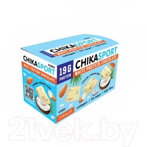 Протеиновый шоколад Chikalab Шоколад белый с миндалем и кокосовыми чипсами (4x100г)