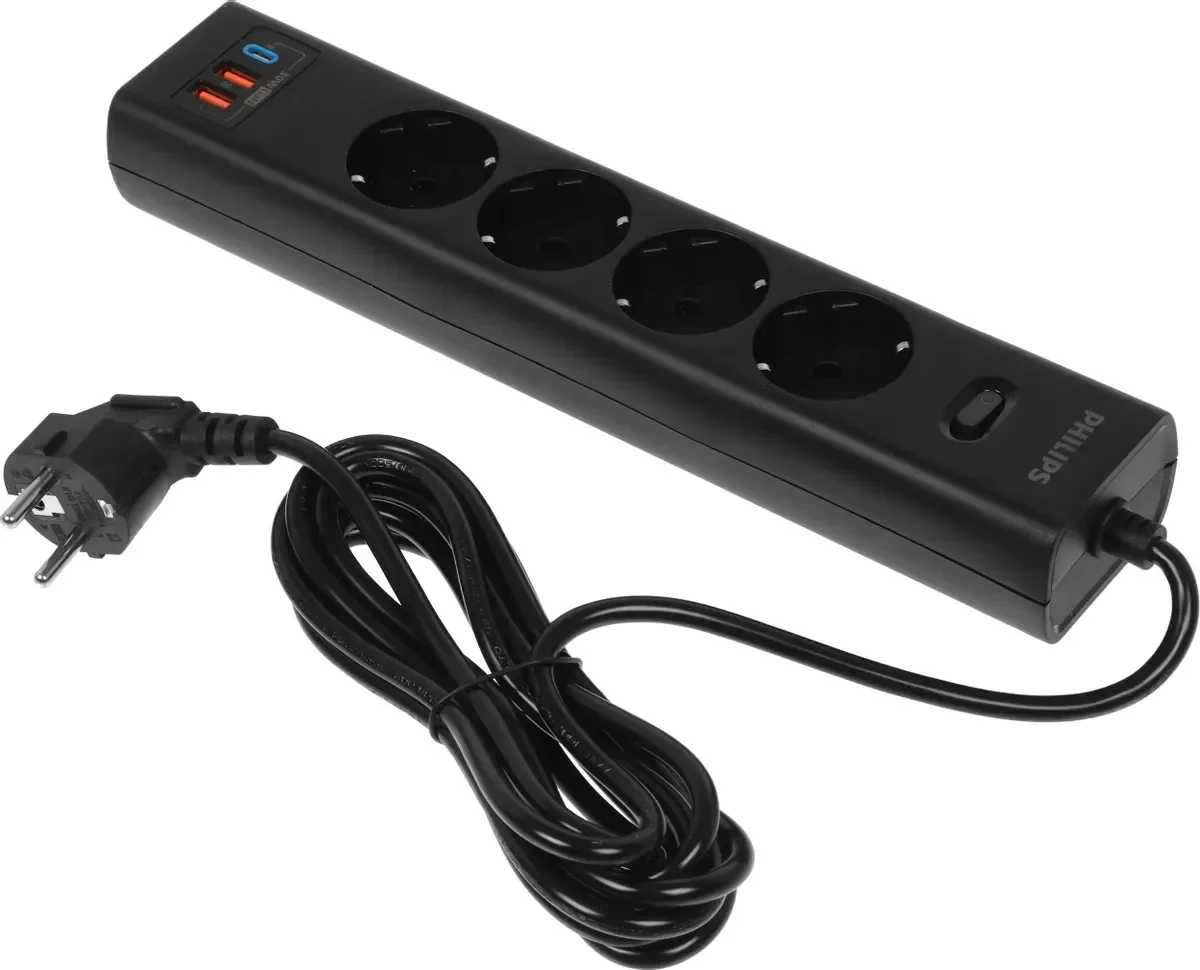 Сетевой фильтр Philips CHP8246BB/51 (3м, 4 розетки, черный)