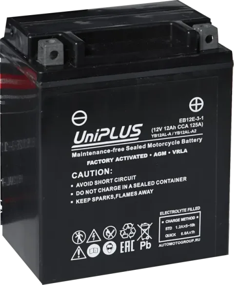 Мотоаккумулятор UniPLUS HP (0) 125A YB12AL-A / EB12E-3-1 (12А/ч)
