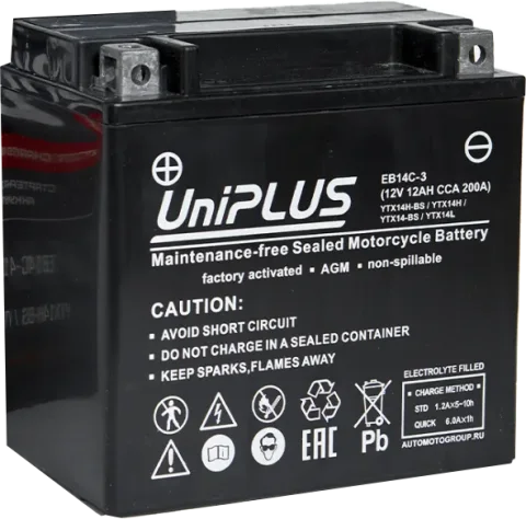 Мотоаккумулятор UniPLUS HP 0) 200A YTX14L-BS / EB14C-3 (12А/ч)