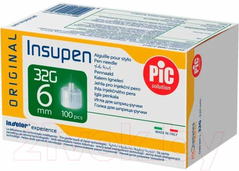 Набор игл для подкожных инъекций Pic Solution Insupen Original G32 0.23x6мм (100шт)