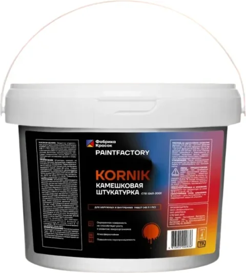 Штукатурка готовая декоративная PaintFactory Kornik камешковая для наружных и внутренних работ 0.5-1.0мм (15кг, белый)
