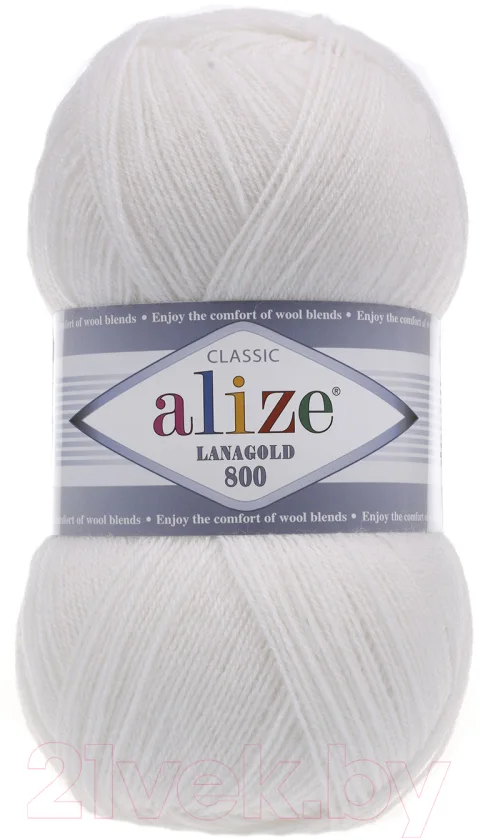 Пряжа для вязания Alize Lanagold 800 49% шерсть, 51% акрил / 55 (800м, белый)