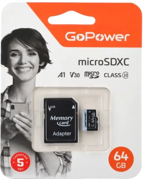 Карта памяти GoPower microSD 64GB Class10 / 00-00025676 (с адаптером)