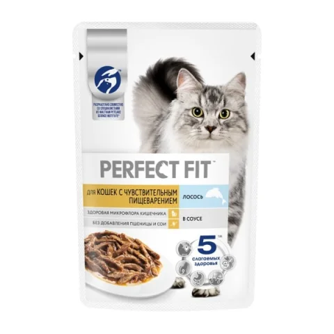 Влажный корм для кошек Perfect Fit Для взрослых с чувствительным пищеварением. Лосось в соусе (75г)