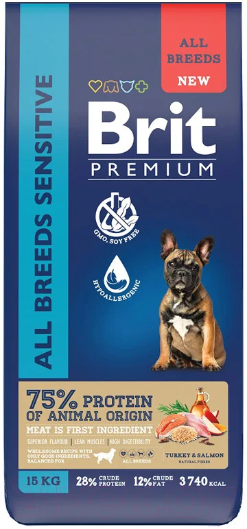 Сухой корм для собак Брит Premium Dog Sensitive с лососем и индейкой / 5063222 (15кг)