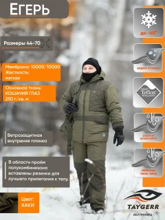 Костюм для охоты и рыбалки Taygerr Егерь Кошачий Глаз/S.Хаки Зима -45 (р.56-58/182-188) — фото 2
