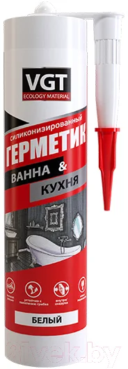 Герметик силиконовый VGT Для наружных и внутренних работ для ванной и кухни (400гр, белый)