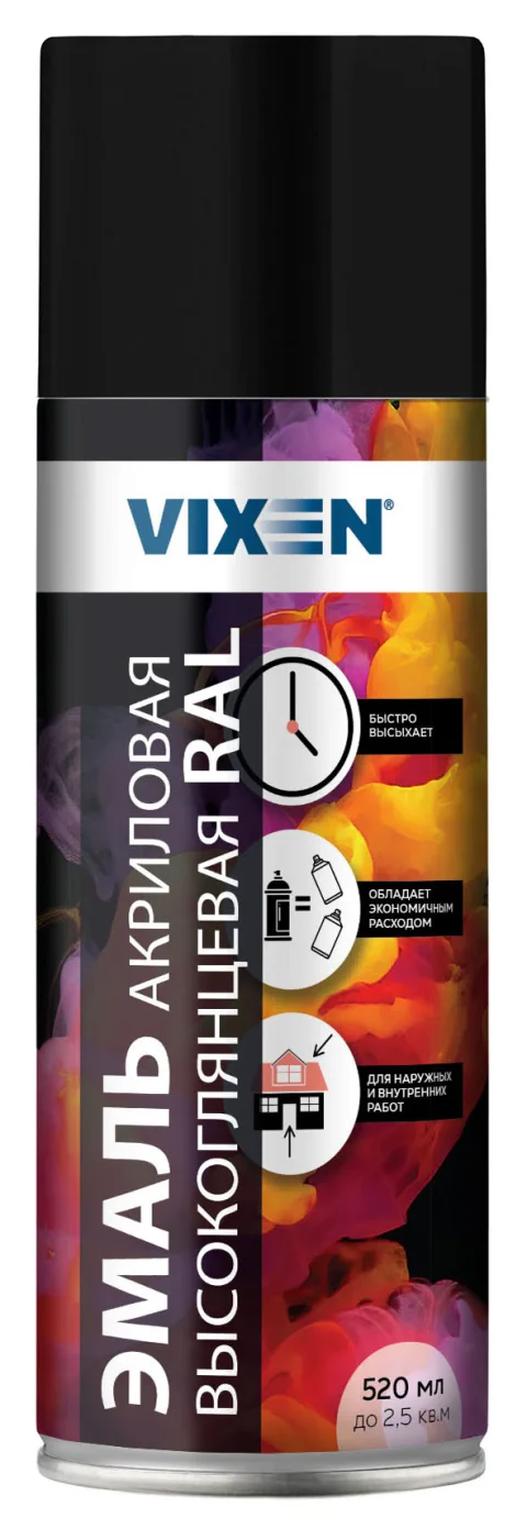 Эмаль Vixen Акриловая высокоглянцевая VX69005 (520мл, черный янтарь RAL 9005)
